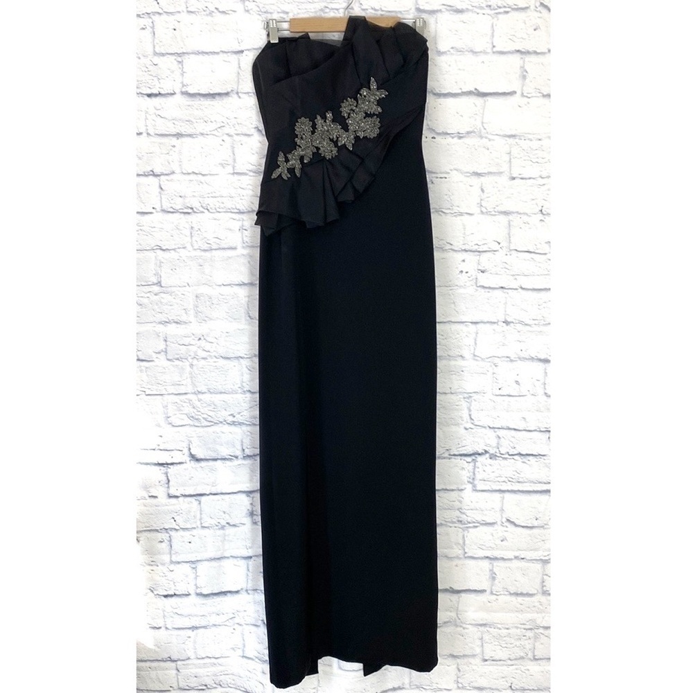 Marchesa Notte black silk strapless beaded silk gown